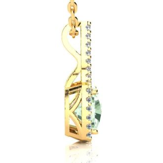 2 1/2 Carat Cushion Cut Green Amethyst and Classic Halo Diamond Necklace In 14 Karat Yellow Gold, 18 Inches