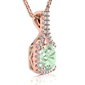 2 1/2 Carat Cushion Cut Green Amethyst and Classic Halo Diamond Necklace In 14 Karat Rose Gold, 18 Inches