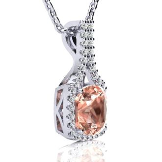 3-1/2 Carat Cushion Shape Morganite Necklace with Diamond Halo In 14 Karat White Gold With 18 Inch Chain