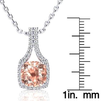 3-1/2 Carat Cushion Shape Morganite Necklace with Diamond Halo In 14 Karat White Gold With 18 Inch Chain