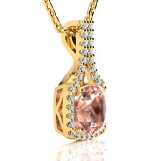 3-1/2 Carat Cushion Shape Morganite Necklace with Diamond Halo In 14 Karat Yellow Gold With 18 Inch Chain