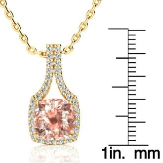 3-1/2 Carat Cushion Shape Morganite Necklace with Diamond Halo In 14 Karat Yellow Gold With 18 Inch Chain