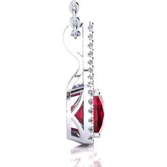 3 1/2 Carat Cushion Cut Ruby and Classic Halo Diamond Necklace In 14 Karat White Gold, 18 Inches
