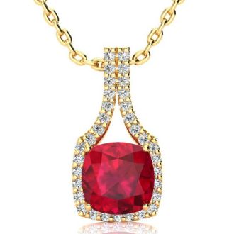 3 1/2 Carat Cushion Cut Ruby and Classic Halo Diamond Necklace In 14 Karat Yellow Gold, 18 Inches