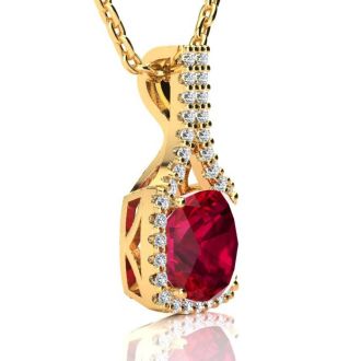 3 1/2 Carat Cushion Cut Ruby and Classic Halo Diamond Necklace In 14 Karat Yellow Gold, 18 Inches