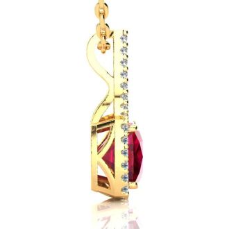 3 1/2 Carat Cushion Cut Ruby and Classic Halo Diamond Necklace In 14 Karat Yellow Gold, 18 Inches