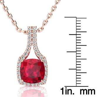3 1/2 Carat Cushion Cut Ruby and Classic Halo Diamond Necklace In 14 Karat Rose Gold, 18 Inches
