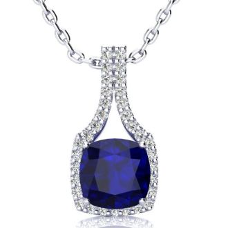 3 1/2 Carat Cushion Cut Sapphire and Classic Halo Diamond Necklace In 14 Karat White Gold, 18 Inches