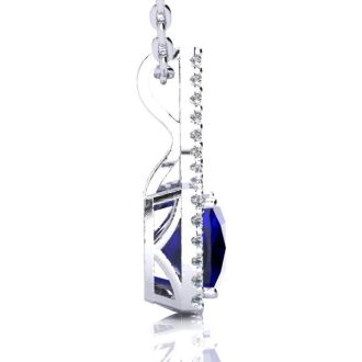 3 1/2 Carat Cushion Cut Sapphire and Classic Halo Diamond Necklace In 14 Karat White Gold, 18 Inches