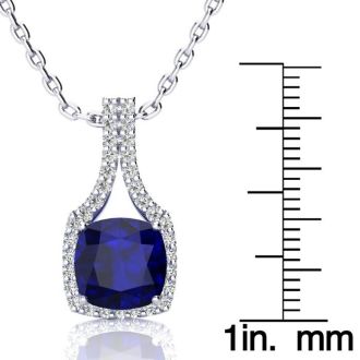 3 1/2 Carat Cushion Cut Sapphire and Classic Halo Diamond Necklace In 14 Karat White Gold, 18 Inches