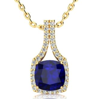 3 1/2 Carat Cushion Cut Sapphire and Classic Halo Diamond Necklace In 14 Karat Yellow Gold, 18 Inches