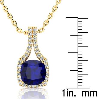 3 1/2 Carat Cushion Cut Sapphire and Classic Halo Diamond Necklace In 14 Karat Yellow Gold, 18 Inches