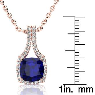 3 1/2 Carat Cushion Cut Sapphire and Classic Halo Diamond Necklace In 14 Karat Rose Gold, 18 Inches