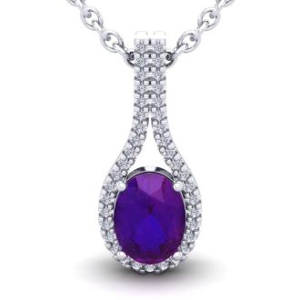 1 1/4 Carat Oval Shape Amethyst and Halo Diamond Necklace In 14 Karat White Gold, 18 Inches