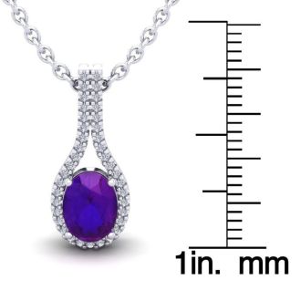 1 1/4 Carat Oval Shape Amethyst and Halo Diamond Necklace In 14 Karat White Gold, 18 Inches