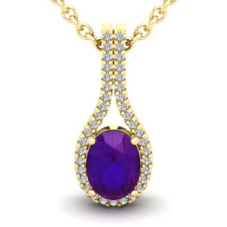 1 1/4 Carat Oval Shape Amethyst and Halo Diamond Necklace In 14 Karat Yellow Gold, 18 Inches