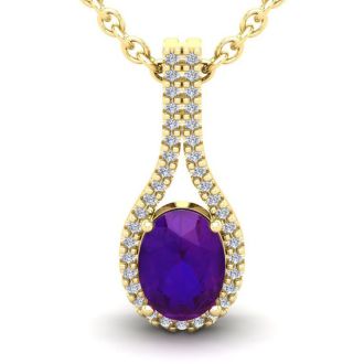 1 1/4 Carat Oval Shape Amethyst and Halo Diamond Necklace In 14 Karat Yellow Gold, 18 Inches