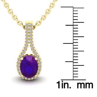 1 1/4 Carat Oval Shape Amethyst and Halo Diamond Necklace In 14 Karat Yellow Gold, 18 Inches