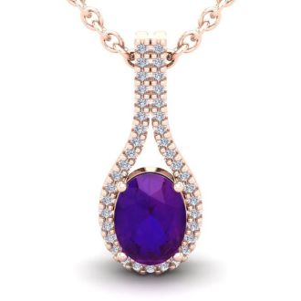1 1/4 Carat Oval Shape Amethyst and Halo Diamond Necklace In 14 Karat Rose Gold, 18 Inches