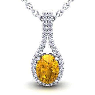 1 1/4 Carat Oval Shape Citrine and Halo Diamond Necklace In 14 Karat White Gold, 18 Inches