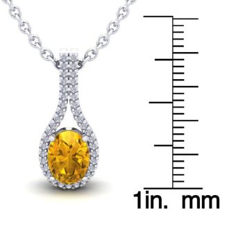 1 1/4 Carat Oval Shape Citrine and Halo Diamond Necklace In 14 Karat White Gold, 18 Inches