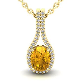 1 1/4 Carat Oval Shape Citrine and Halo Diamond Necklace In 14 Karat Yellow Gold, 18 Inches