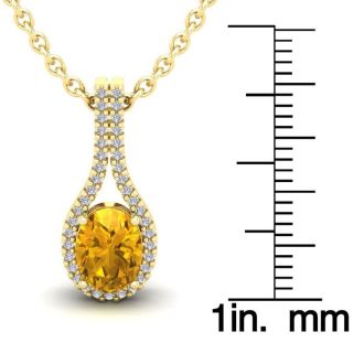 1 1/4 Carat Oval Shape Citrine and Halo Diamond Necklace In 14 Karat Yellow Gold, 18 Inches
