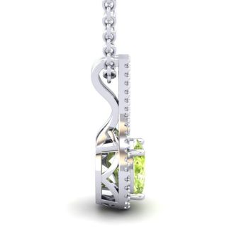 1 1/2 Carat Oval Shape Peridot and Halo Diamond Necklace In 14 Karat White Gold, 18 Inches
