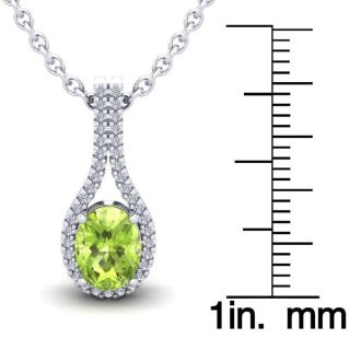 1 1/2 Carat Oval Shape Peridot and Halo Diamond Necklace In 14 Karat White Gold, 18 Inches