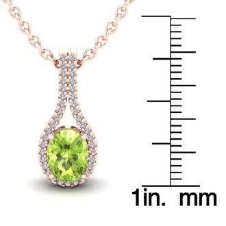 1 1/2 Carat Oval Shape Peridot and Halo Diamond Necklace In 14 Karat Rose Gold, 18 Inches