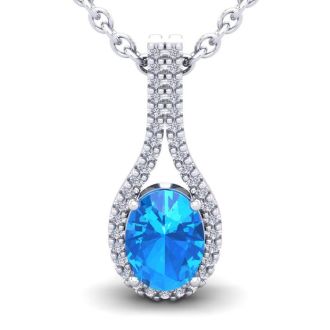 1 3/4 Carat Oval Shape Blue Topaz and Halo Diamond Necklace In 14 Karat White Gold, 18 Inches