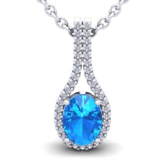 1 3/4 Carat Oval Shape Blue Topaz and Halo Diamond Necklace In 14 Karat White Gold, 18 Inches