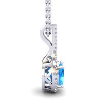 1 3/4 Carat Oval Shape Blue Topaz and Halo Diamond Necklace In 14 Karat White Gold, 18 Inches