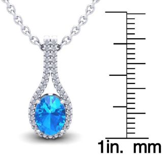 1 3/4 Carat Oval Shape Blue Topaz and Halo Diamond Necklace In 14 Karat White Gold, 18 Inches