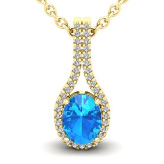 1 3/4 Carat Oval Shape Blue Topaz and Halo Diamond Necklace In 14 Karat Yellow Gold, 18 Inches