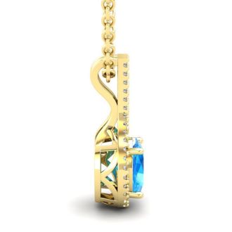 1 3/4 Carat Oval Shape Blue Topaz and Halo Diamond Necklace In 14 Karat Yellow Gold, 18 Inches