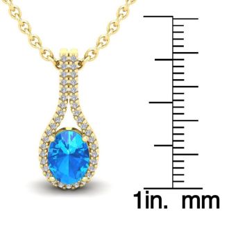 1 3/4 Carat Oval Shape Blue Topaz and Halo Diamond Necklace In 14 Karat Yellow Gold, 18 Inches