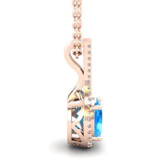 1 3/4 Carat Oval Shape Blue Topaz and Halo Diamond Necklace In 14 Karat Rose Gold, 18 Inches
