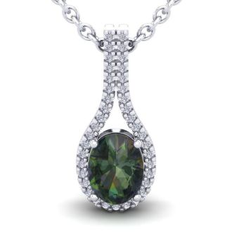 1-1/4 Carat Oval Shape Mystic Topaz Necklace With Diamond Halo 14 Karat White Gold, 18 Inches