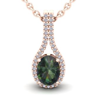 1-1/4 Carat Oval Shape Mystic Topaz Necklace With Diamond Halo 14 Karat Rose Gold, 18 Inches
