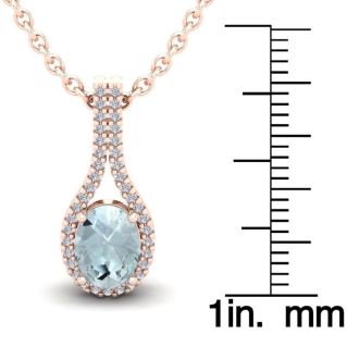 Aquamarine Necklace: Aquamarine Jewelry: 1 1/3 Carat Oval Shape Aquamarine and Halo Diamond Necklace In 14 Karat Rose Gold, 18 Inches
