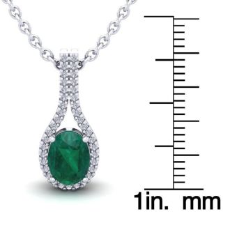 1-1/3 Carat Oval Shape Emerald Necklaces With Diamond Halo In 14 Karat White Gold, 18 Inch Chain