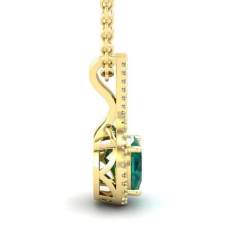 1-1/3 Carat Oval Shape Emerald Necklaces With Diamond Halo In 14 Karat Yellow Gold, 18 Inch Chain