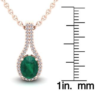 1-1/3 Carat Oval Shape Emerald Necklaces With Diamond Halo In 14 Karat Rose Gold, 18 Inch Chain