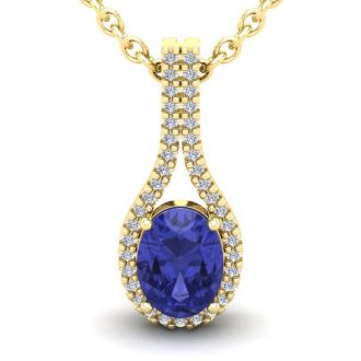 1 1/2 Carat Oval Shape Tanzanite and Halo Diamond Necklace In 14 Karat Yellow Gold, 18 Inches
