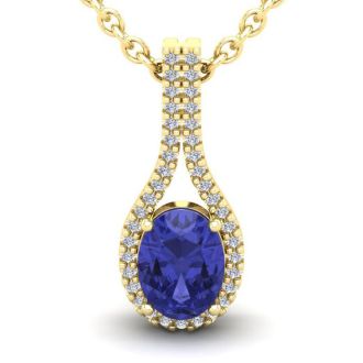1 1/2 Carat Oval Shape Tanzanite and Halo Diamond Necklace In 14 Karat Yellow Gold, 18 Inches
