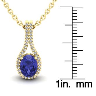 1 1/2 Carat Oval Shape Tanzanite and Halo Diamond Necklace In 14 Karat Yellow Gold, 18 Inches