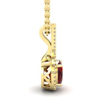 Garnet Necklace: Garnet Jewelry: 1 3/4 Carat Oval Shape Garnet and Halo Diamond Necklace In 14 Karat Yellow Gold, 18 Inches