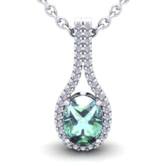 1 1/4 Carat Oval Shape Green Amethyst and Halo Diamond Necklace In 14 Karat White Gold, 18 Inches