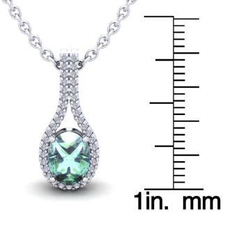 1 1/4 Carat Oval Shape Green Amethyst and Halo Diamond Necklace In 14 Karat White Gold, 18 Inches